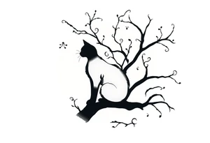 a cats sillhouette siting on a tree in the moon light tattoo idea