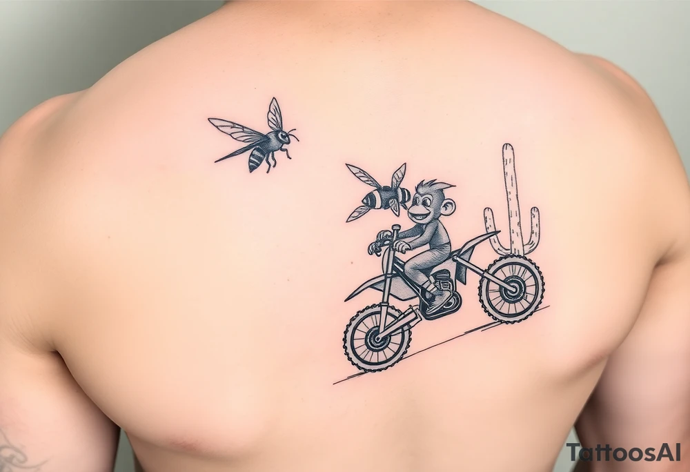 Monkey on a dirt bike and a bee flying a jet in a desert with cactus tattoo idea