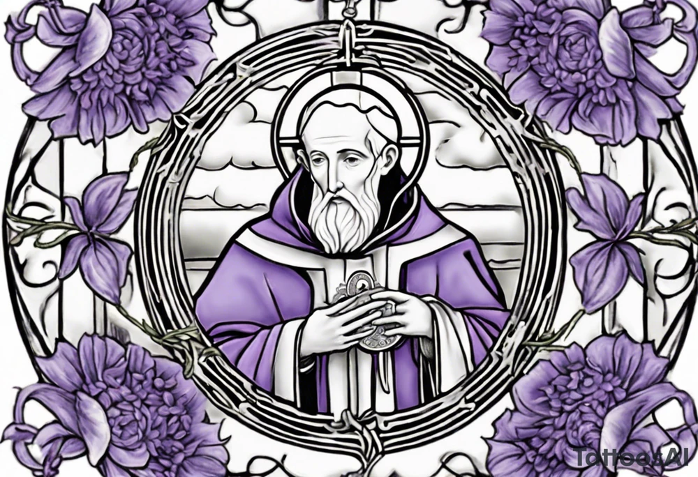 I'm looking for a custom tattoo design featuring a faithful and precise representation of the Saint Benedict medal, surrounded by delicately intertwined lavender flowers to create a harmonious and aesthetically pleasing composition. The focus should be on maintaining the authenticity of the Saint Benedict medal while incorporating the serene beauty of lavender blooms around it. The design should strike a balance that captures the symbolic essence of the medal within a visually appealing tattoo. tattoo idea