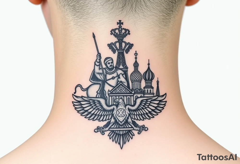 St. George slaying the dragon (hugely common in Russian Orthodox art)
Russian imperial crown above the eagle
Crossed swords or a Russian sabre
The Kremlin or St. Basil's Cathedral scene tattoo idea