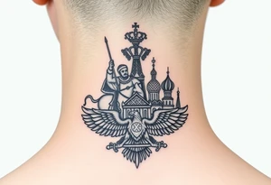 St. George slaying the dragon (hugely common in Russian Orthodox art)
Russian imperial crown above the eagle
Crossed swords or a Russian sabre
The Kremlin or St. Basil's Cathedral scene tattoo idea
