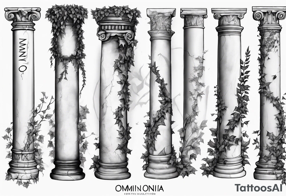 Half of a roman pillar in the Ionian style with the word "OMNIA" inscribed on the top. It has cracks in the middle and overgrown ivy at the bottom. It is turned 20 degrees to the right. tattoo idea