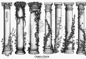 Half of a roman pillar in the Ionian style with the word "OMNIA" inscribed on the top. It has cracks in the middle and overgrown ivy at the bottom. It is turned 20 degrees to the right. tattoo idea