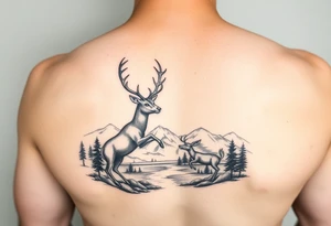 Black and grey Nature scene with two stags fighting in the foreground include mountains water and trees tattoo idea