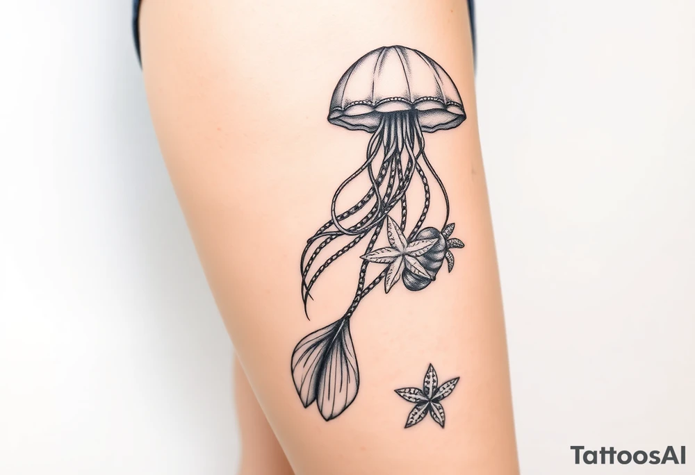 Ocean themed sleeve with jellyfish, mermaid, starfish, sea turtle, shells tattoo idea