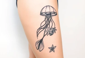 Ocean themed sleeve with jellyfish, mermaid, starfish, sea turtle, shells tattoo idea