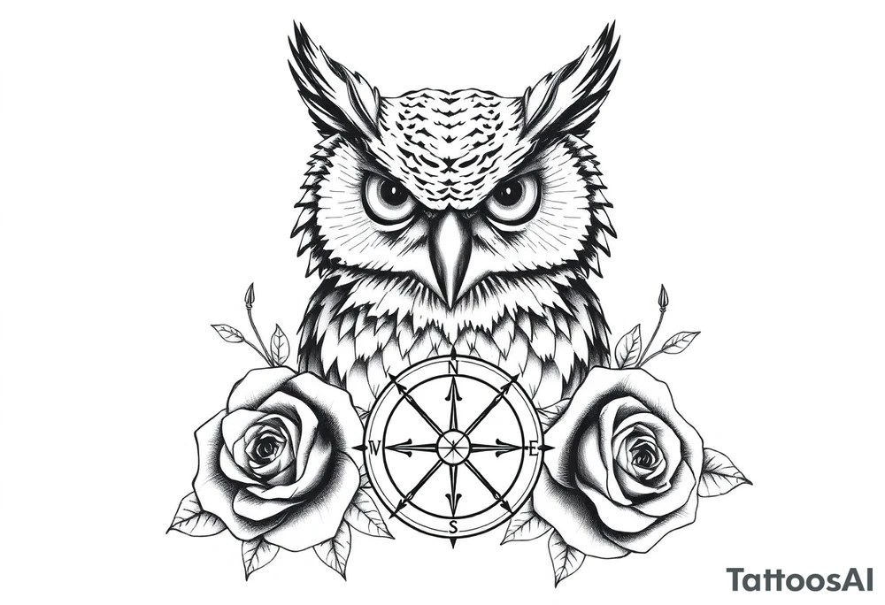 an owl,compass,roses, tattoo idea
