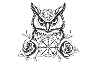 an owl,compass,roses, tattoo idea