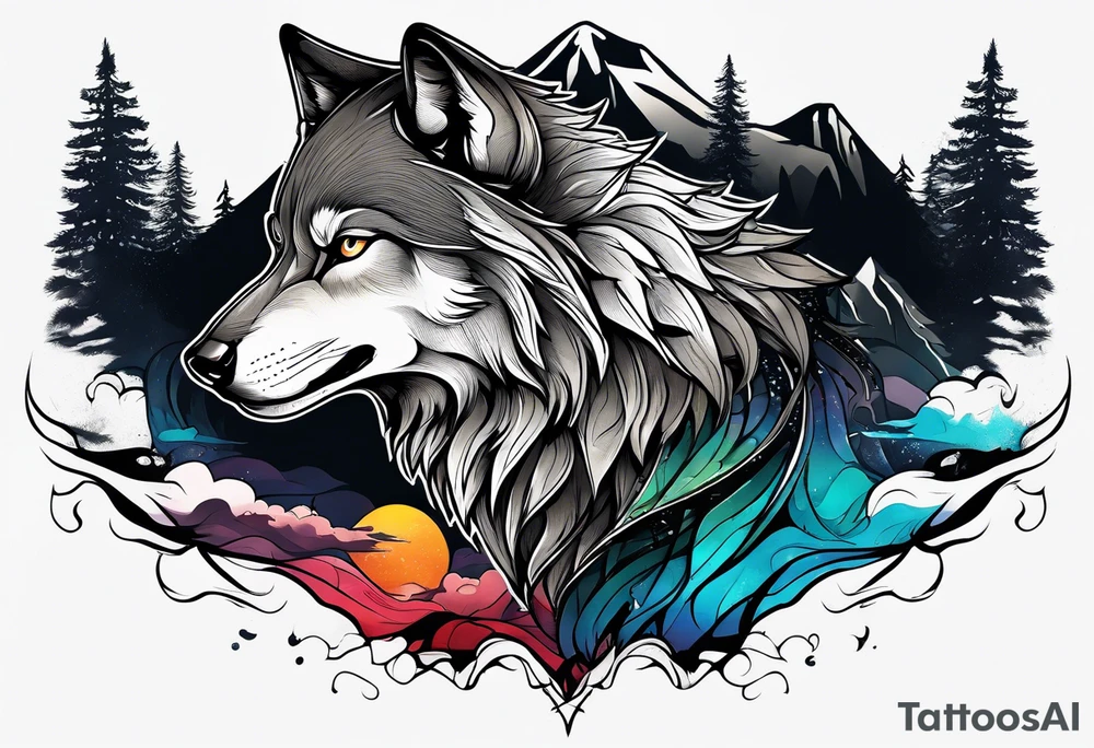 wolf mountain tattoo idea