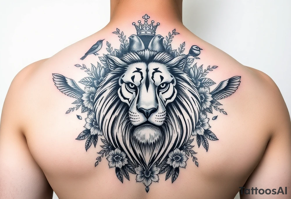 powerful majestic lion with a crown, surrounded by floral ornaments and birds tattoo idea