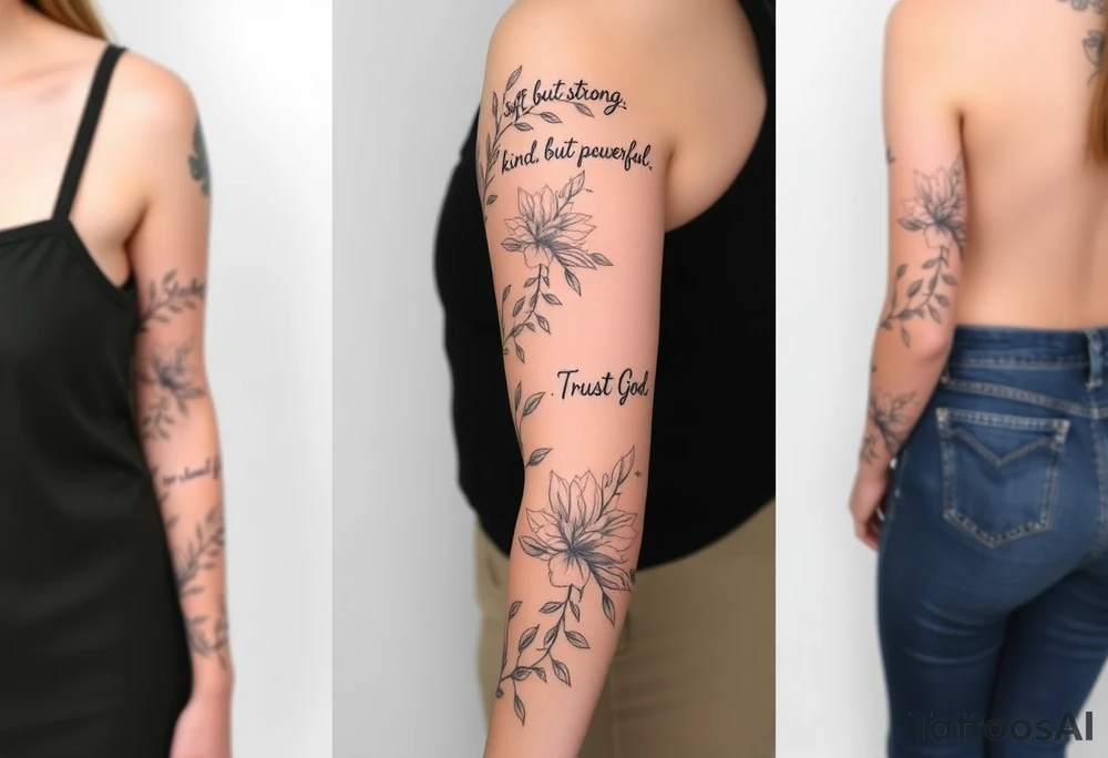 🌿 Right Arm Sleeve
	•	Top shoulder: “Soft but strong, kind but powerful.”
→ Wrapped with light olive vines
	•	Mid-arm: Peonies, lilies, tulips (your favorites)
→ Optional red ink in petal accents
	•	Lower arm/wrist: Vine wrap
→ Script: “Trust God”
	•	Style: Light, flowing, fine-line — NOT bold or filled-in

⸻

🌸 Spine Tattoo & Flow
	•	Already present floral spine tattoo
	•	New elements will connect from your sleeve, flow down from the right shoulder, lightly wrapping into your back
	•	Inspired by the reference with floral script diagonally across the spine
	•	Optional soft red ink details to enhance movement

⸻

🍑 Left Thigh + Butt
	•	Quote: “A garden of her own”
→ Placed on side of butt, flowing from lower back
	•	Floral extension down the thigh — tulips/peonies
	•	Minimal, romantic, fine-line

⸻

👣 Right Ankle
	•	Vine wrap with script: “walk in grace”
→ Placement wraps side ankle or above heel

⸻

✨ Left Arm Details
	•	Inner upper arm (2 stacked lines):
“She is clothed in strength and dignity.”
“…and laughs without fear of the future.”
	•	Lower outer arm: Number 7 (simple, small fine-line)
	•	Hand near thumb: “Godspeed” in thin cursive tattoo idea