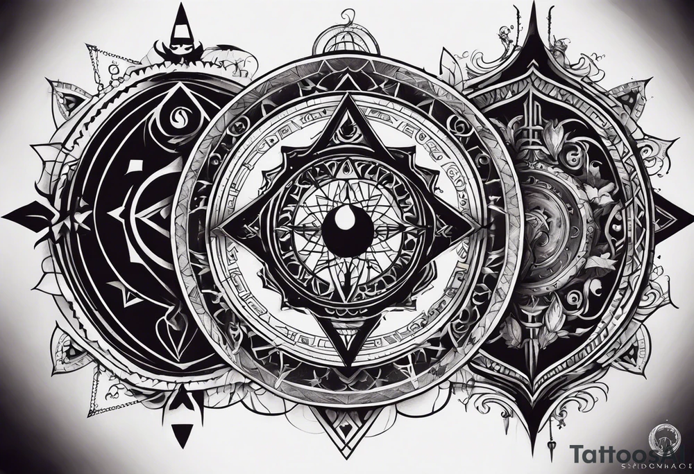 I want a mysterious enigmatic tattoo, with mysterious symbols and phrases, with the meaning of curiosity about conspiracy theories, the future, and the past, something that completes the upper part of the arm that is between the middle of the arm and the shoulder tattoo idea