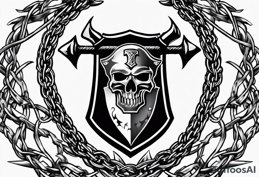 Valhalla sword shield axe barbed wire chain tattoo idea