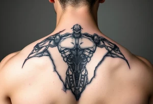 Torn skin revealing a bionic structure of the machine underneath that follows regular human anatomy but is unnatural tattoo idea