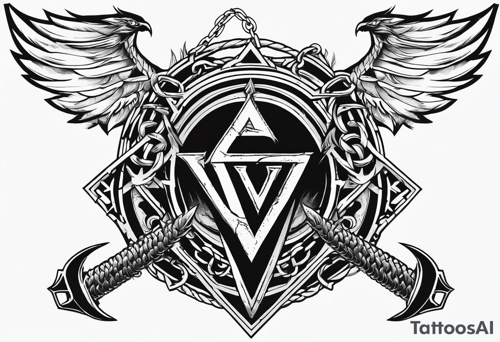 Valhalla sword shield dragon axe Valknut barbed wire chains fire tattoo idea Valhalla sword shield dragon axe Valknut barbed wire chains fire tattoo idea