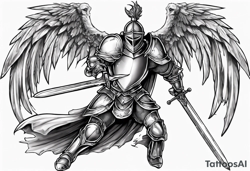 A Winged Paladin Knight in mid-air with his sword about to attack. tattoo idea