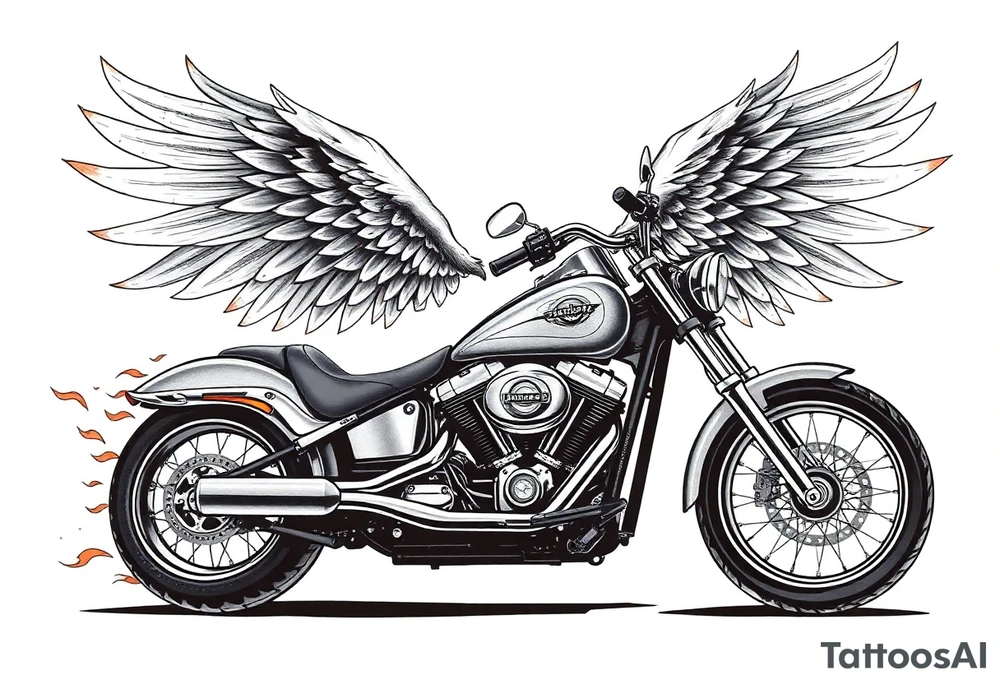 Harley grey motorcycle driving away, flames, angel wings tattoo idea