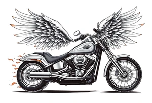 Harley grey motorcycle driving away, flames, angel wings tattoo idea