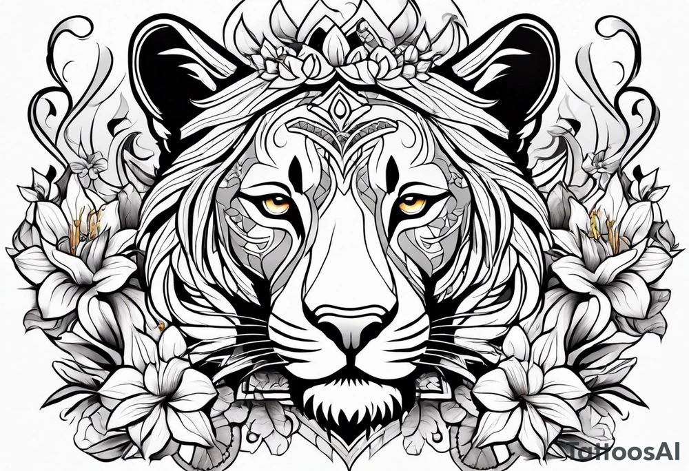 Tribal lioness with lilies tattoo idea