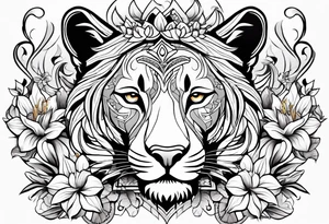 Tribal lioness with lilies tattoo idea