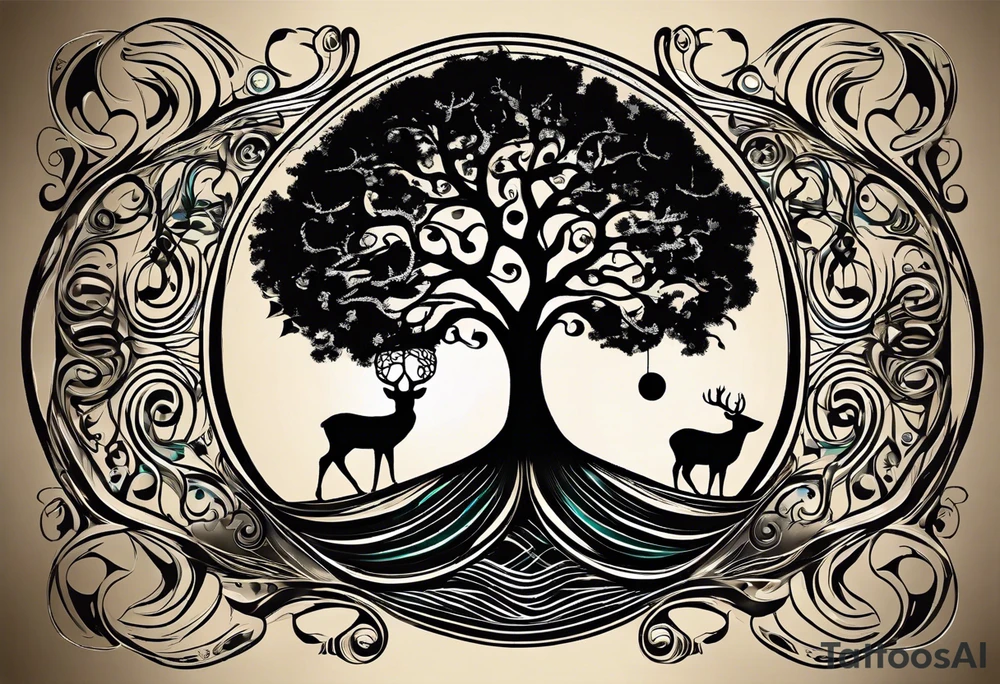 A tattoo design that incorporates the following elements: an abstract tree of life that has roots emerging  from the ground. Waves of water encapsulate the tree and wind around it in an organic way.  Incorporate music.   the letters U and A are overlapping and engraved into the tree. a golf ball incorporated but not prominent. tattoo idea