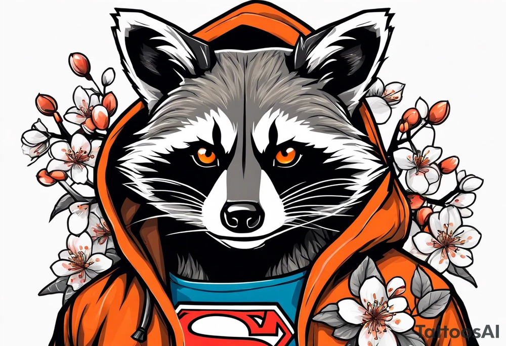 Raccoon wearing a white Superman logo on a black hoodie and orange Japanese cherry blossoms beside tattoo idea