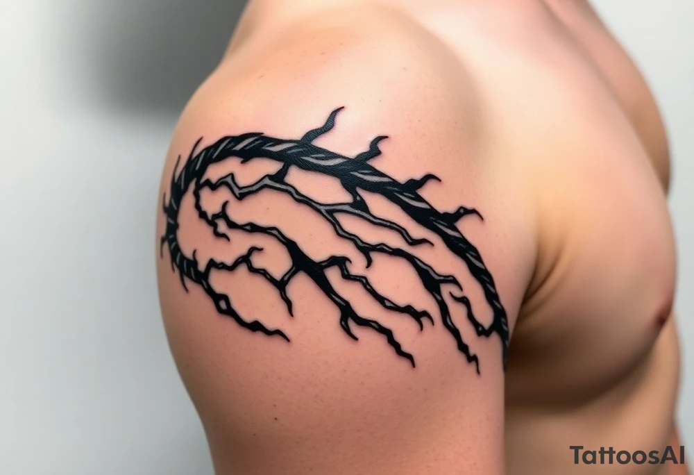 I want a tattoo inspired by the character Izuku midorya from my hero academia. I want his black whip and lighting across my bicep, shoulder and leading slightly to my traps. I want it to be sharp. Not lacking or cringy. Sharp. I don’t want the character or the characters arm. I want the black whip and lighting. tattoo idea