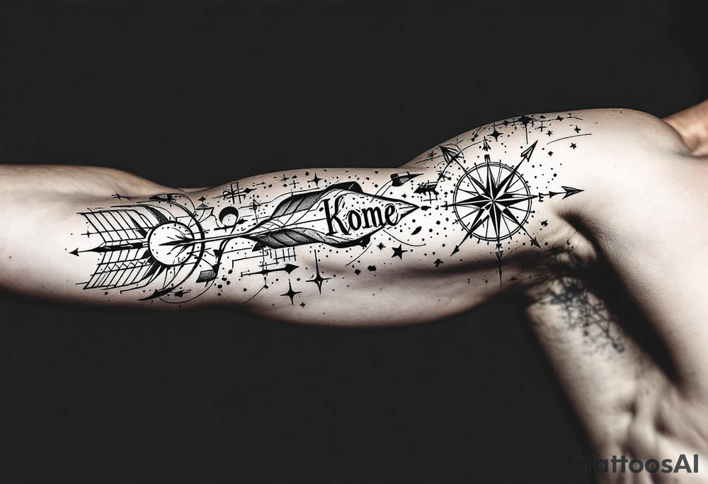 Bow and arrow arm with kompass but simple fineline tattoo idea