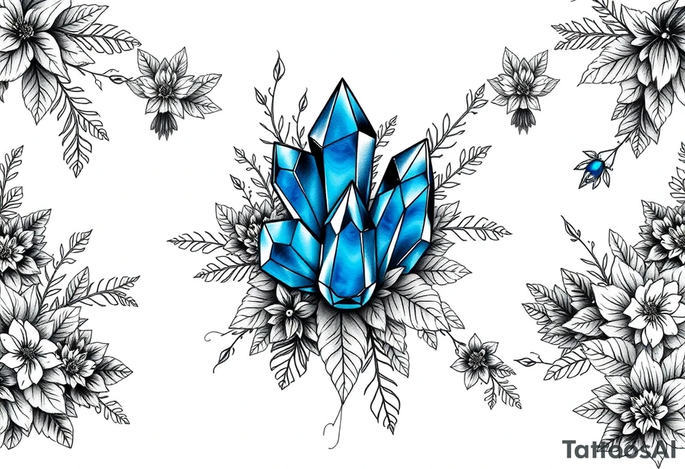 Produce a forearm sleeve tattoo design  The central focal point is a cluster of three vibrant blue crystals interwoven between foliage so that it looks like the leaves and foliage and flowers are weaving in and out and wrapping around the crystals. Surround these with a dense arrangement of black-and-grey foliage, flowers, and shrubs. The crystals should be faceted, standing out vividly in blue against the surrounding monochrome elements.

Integrate additional smaller crystal clusters (each with 3–4 crystals) throughout the foliage, but render these in fine black-and-grey linework so they blend naturally with the botanical elements. Use dotwork and fine shading for depth, with clean linework that balances organic foliage with the sharp geometry of the crystals.

All elements are black and grey except the main central crystal cluster, which is a striking blue. tattoo idea