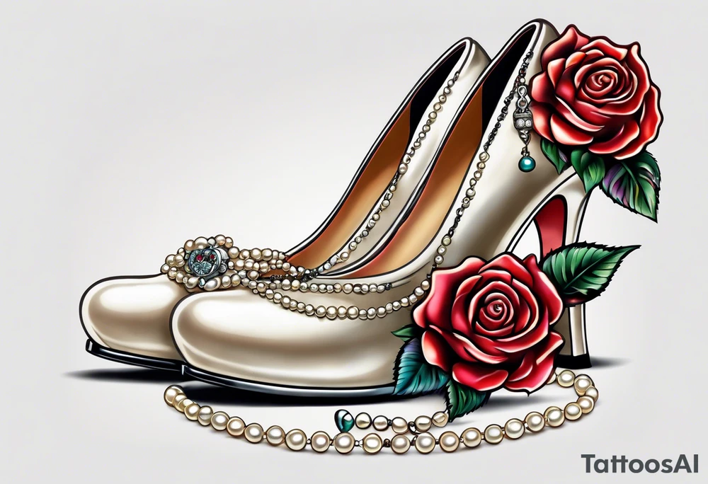 Pearl necklace wrapped around 1950s pinup pumps with roses surrounding tattoo idea