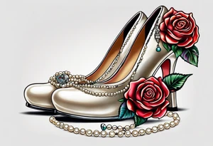 Pearl necklace wrapped around 1950s pinup pumps with roses surrounding tattoo idea