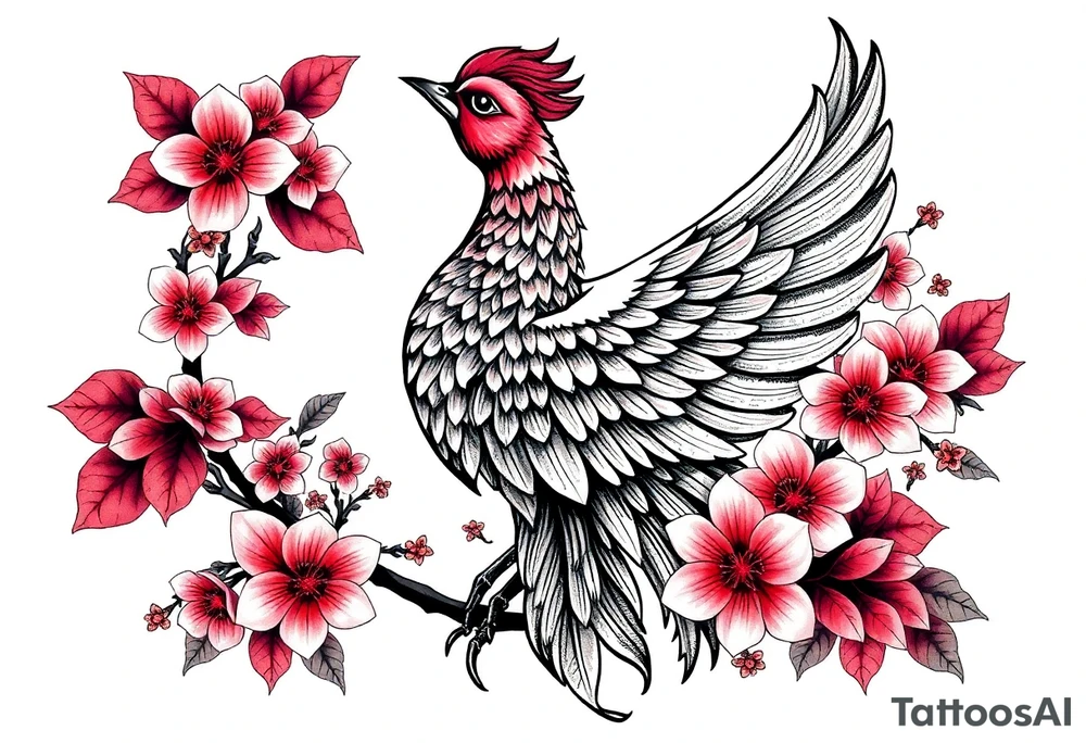 powerful majestic japanese phenix surrounded by marple leaf and cherry blossom tattoo idea