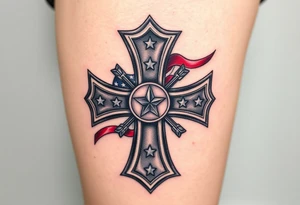 A steel-textured Maltese cross with the American flag waving in the background, symbolizing patriotism and heroism. tattoo idea