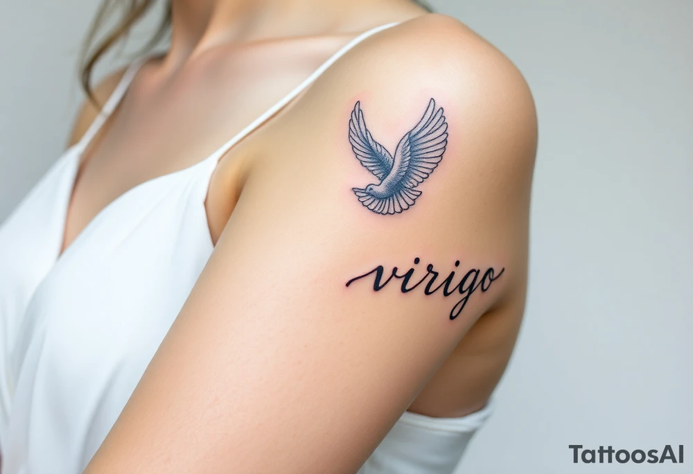 A young woman in a white flowing dress, releasing a glowing dove into the night sky and the word virgo tattoo idea