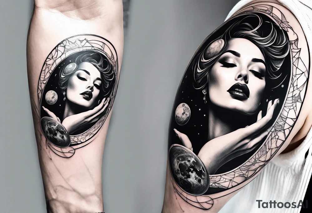A surrealistic forarm tattoo featuring beautiful woman’s face holding a planet in her hand. Above her head is a man being lifted up into a black hole tattoo idea