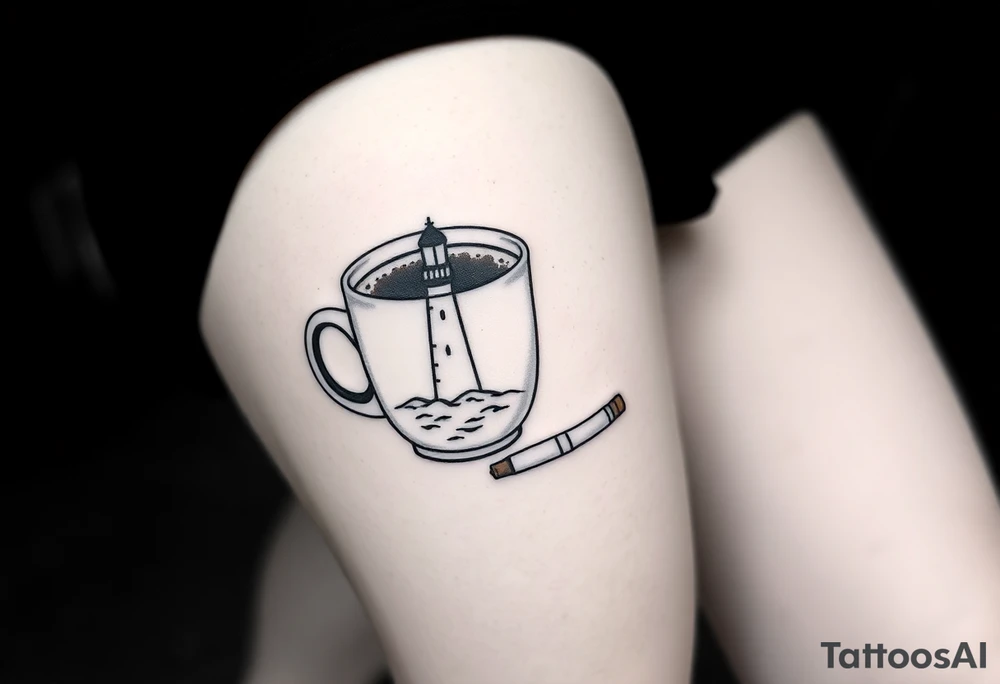 A mug of coffee
 with a picture of a 
 lighthouse on the the mug and a cigarette laying next to it tattoo idea