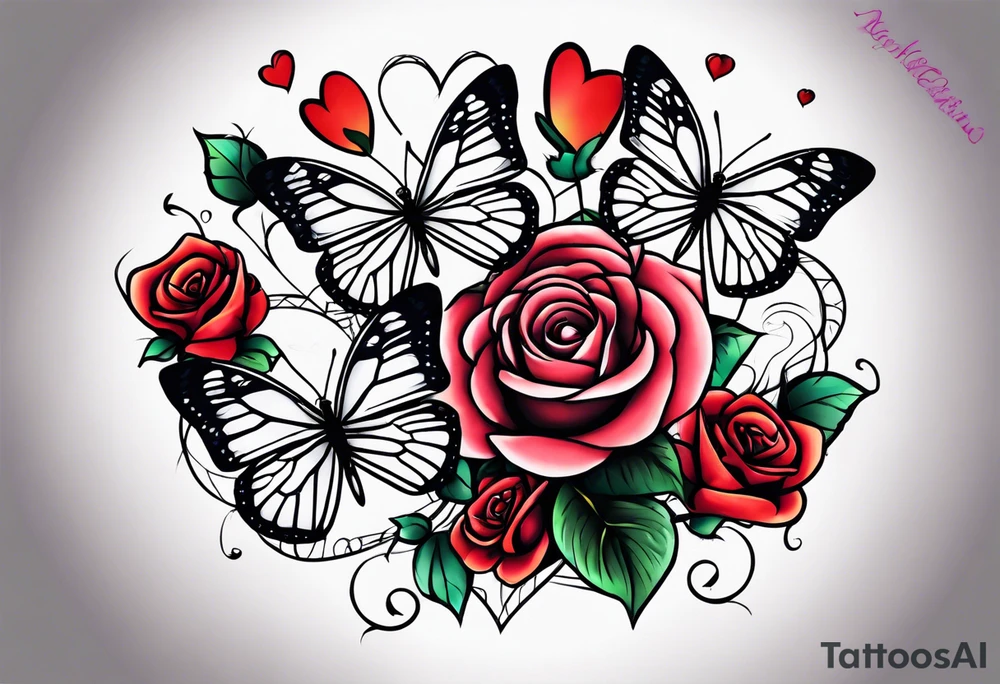 Roses with butterflies and hearts tattoo idea