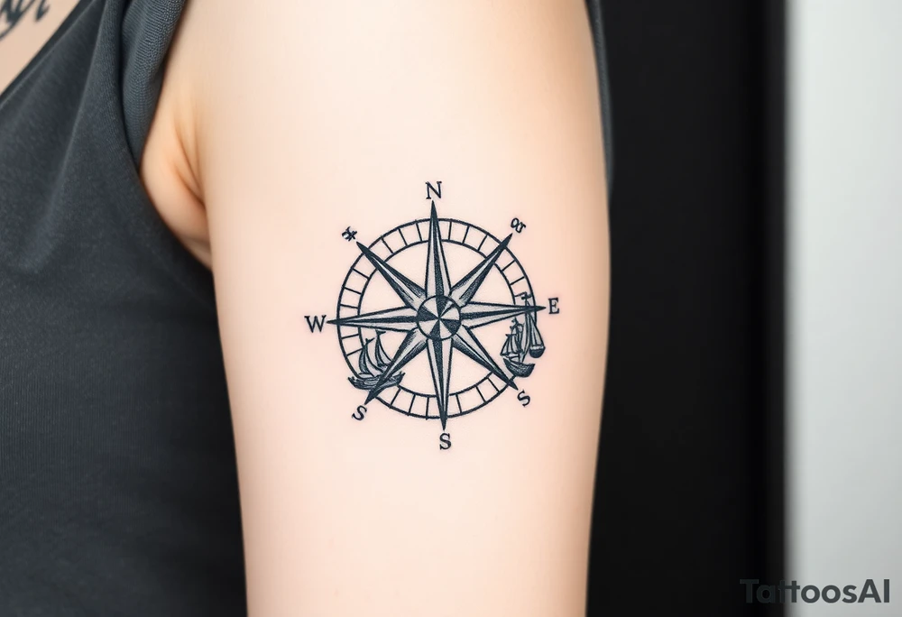 antique compass rose overlaid on weathered world map with sailing ships with light house tattoo idea