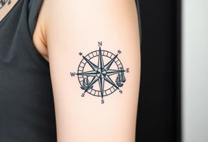 antique compass rose overlaid on weathered world map with sailing ships with light house tattoo idea