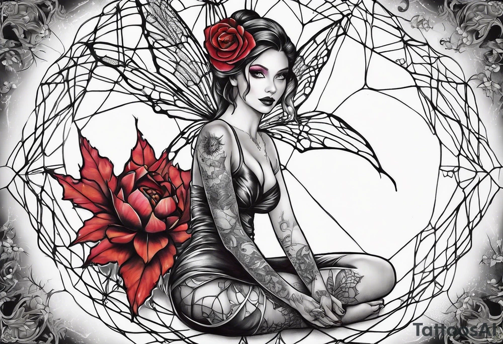 Fairy with bottom half of body wrapped up by spider web tattoo idea