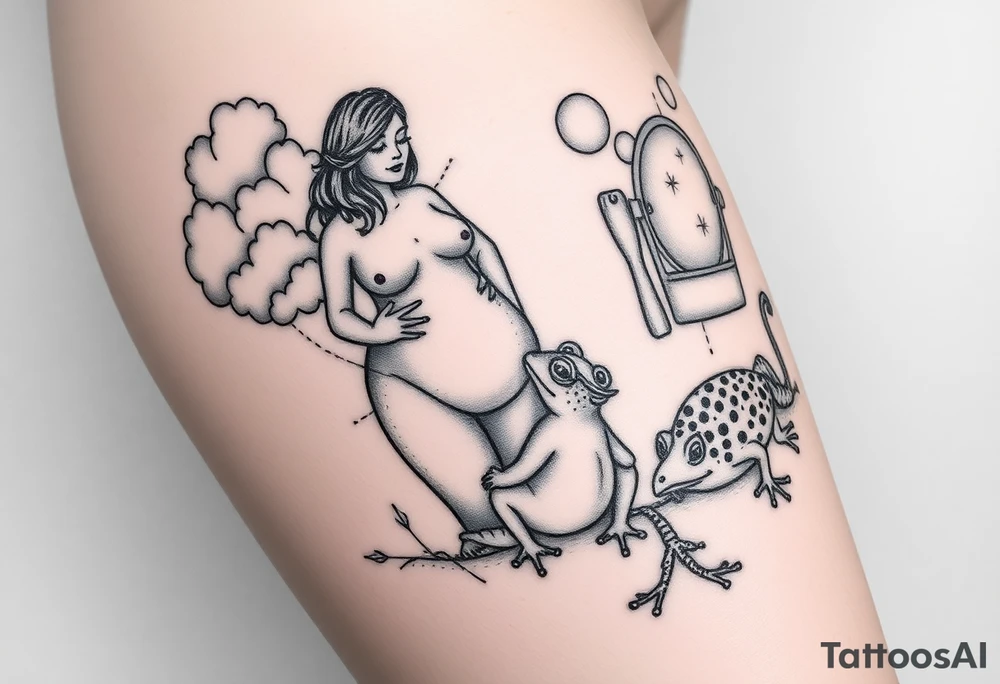Storm clouds with a fat naked woman and drugs and money  and coins and mirror and sexy naked couple lustful having sex with pig and peacock frog tattoo idea