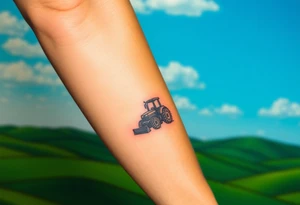 A tractor surrounded by rolling green hills, under a bright blue sky with white fluffy clouds tattoo idea