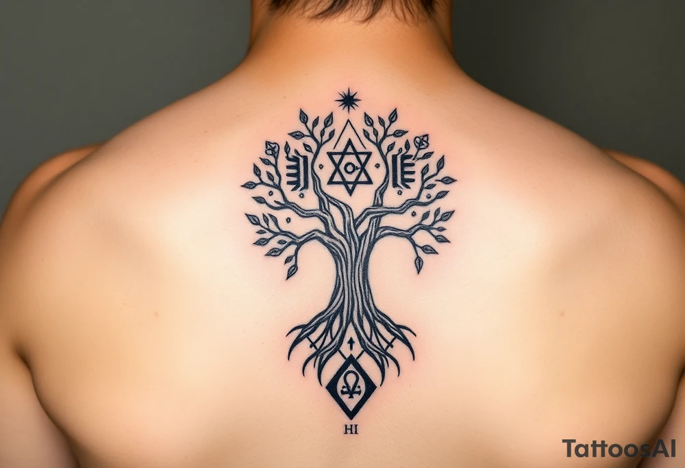 geometrical mystical tree of life with the star of David and cross cosmic roots and celestial symbols branches with HIV-positive symbol at bottom tattoo idea