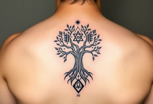 geometrical mystical tree of life with the star of David and cross cosmic roots and celestial symbols branches with HIV-positive symbol at bottom tattoo idea