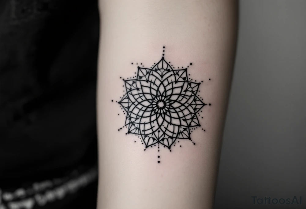 simple, minimalist tattoo, sacred geometry mandala, centerpiece design, dotwork patterns, radiating geometry, symmetrical mandala, geometric shapes, intricate dotwork, sacred patterns, mandala center, geometric radiating, fine line work, black grey shading, minimalist design, no outlines, arm placement, delicate linework, precise geometry, clean symmetry, sacred symbols, geometric precision, dotwork details, mandala focal point, refined patterns, understated complexity, geometric harmony, minimalist tattoo idea