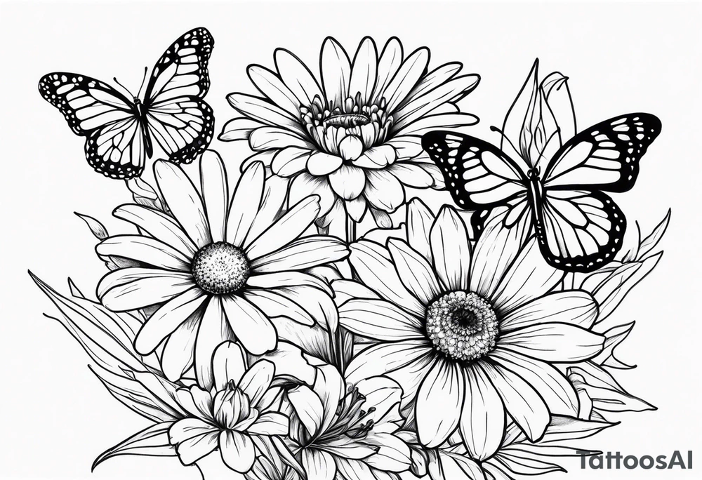 Daisy, marigold and lily flowers with a butterfly tattoo idea