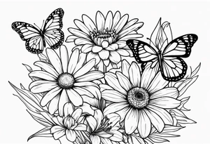 Daisy, marigold and lily flowers with a butterfly tattoo idea