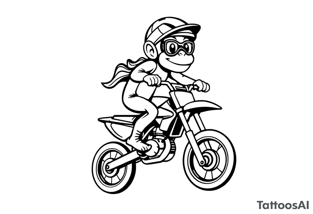 Cartoon monkey with helmet and goggles on a dirtbike doing a wheelie tattoo idea