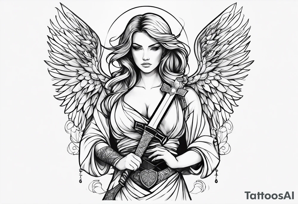 angel female with sword tattoo idea