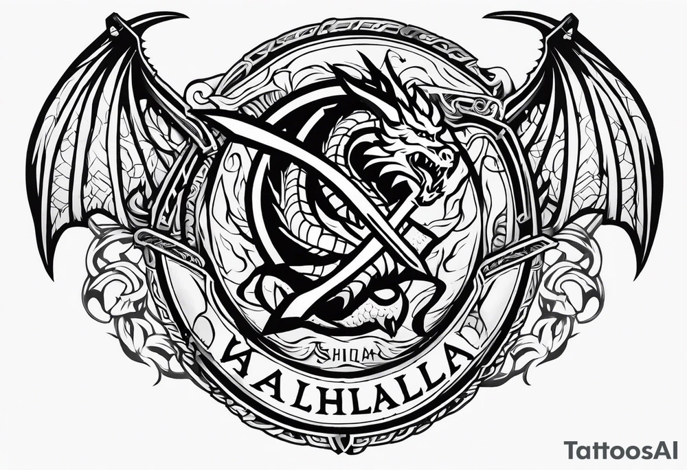 Valhalla sword shield dragon axe tattoo idea